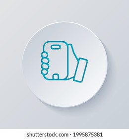 Mobile phone and hand, cellphone, simple icon. Cut circle with gray and blue layers. Paper style