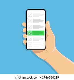 mobile phone in hand. checklist with check marks on smartphone screen. test or survey concept. vector illustration isolated on blue background.