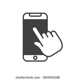 Mobile phone with hand clicking icon. Finger touching cellphone screen. Linear vector illustration.