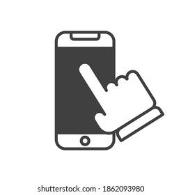 Mobile phone with hand clicking icon. Finger touching cellphone screen. Linear vector illustration.