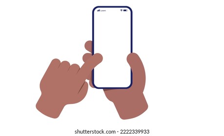 Mobile phone in hand and dark skin - African  person holding smartphone and interacting with finger. Flat design cartoon vector illustration with white background