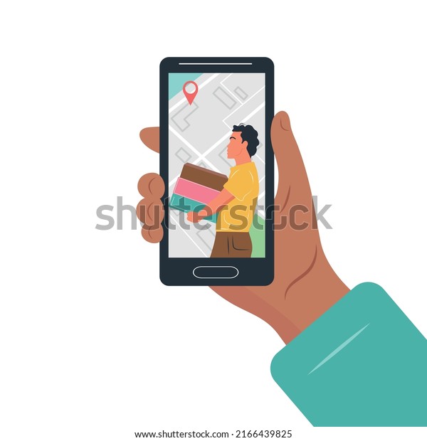 Mobile phone in hand. Delivery guy. Map
and geolocation. Online location search.
Vector