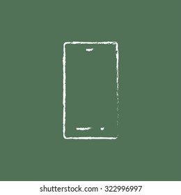 Mobile phone hand drawn in chalk on a blackboard vector white icon isolated on a green background.