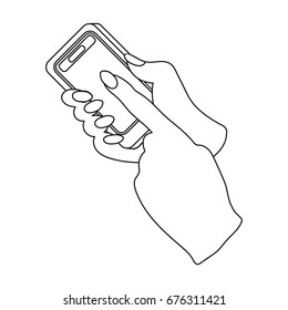 Mobile phone in hand. E-commerce single icon in outline style vector symbol stock illustration web.