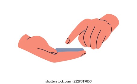 Mobile phone in hand, finger tapping on screen, clicking on telephone display. Holding, using smartphone, pointing, scrolling, surfing internet. Flat vector illustration isolated on white background