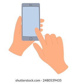 Handy in der Hand, Fingertippen auf dem Bildschirm, Klicken auf Telefonanzeige. Halten, Smartphone benutzen, zeigen, scrollen, im Internet surfen. Flache Vektorillustration isoliert auf weißem Hintergrund