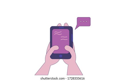 Mobile phone in hand flat illutation cartoon vector. Holding a smartphone. Hand with phone web illustration icon vector. isolated on background.