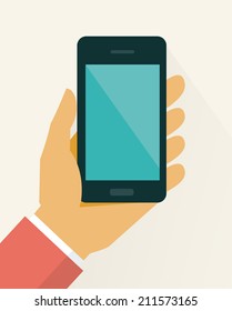 Mobile phone in hand, flat style
