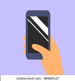 Mobile phone in hand.  Flat vector smartphone  icon.