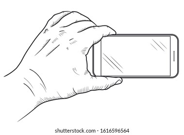 Mobile phone in hand front view. Sketch of hand holding empty smartphone. Vector
