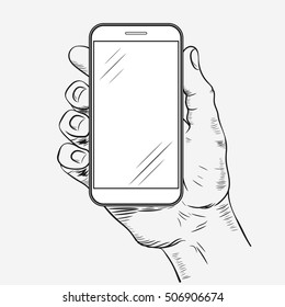 Mobile phone in hand front view. Sketch of human hand which is holding empty smartphone. Vector