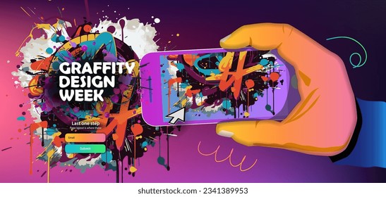Mobile phone in hand and graffiti style web registration page. Vector banner