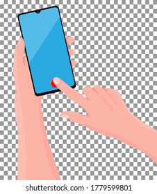 Mobile Phone In The Hand. Hand Is Holding Black Smartphone. Finger Touching Screen. Vector Illustration, Transparent Background