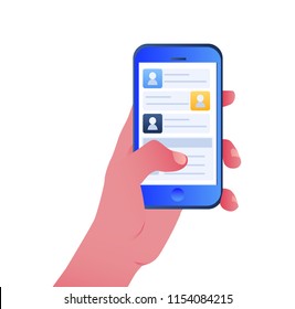 Mobile phone in hand. Hand holding a smartphone. Flat design
