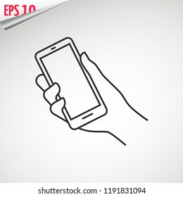 Mobile phone in hand. Holding a smartphone. Hand with phone web line icon. isolated on background.