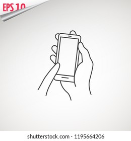 Mobile phone in hand. Holding a smartphone. Hand with phone web line icon. isolated on background.