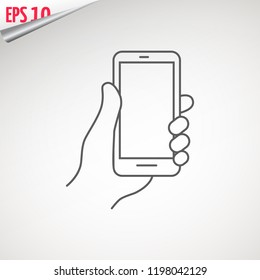 Mobile phone in hand. Holding a smartphone. Hand with phone web line icon. isolated on background.