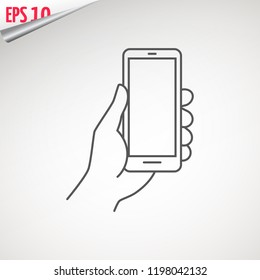 Mobile phone in hand. Holding a smartphone. Hand with phone web line icon. isolated on background.