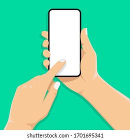 Mobile Phone In Man’s Hand. Hand Holds Smartphone. Blank White Screen. Touch Finger. Modern Flat Design. Vector Illustration With Shadow. Isolated On Green Background.10 Eps.