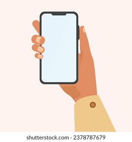 mobile phone in man’s hand. Hand holds smartphone. Blank white screen. Touch finger. Modern flat design. Vector illustration with shadow.