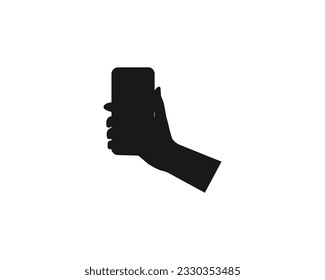 Mobile phone in hand icon. Hand hold smartphone black symbol. website design, mobile application, logo, ui. Vector illustration. isolated on white background.Smartphone with white screen vector eps10.