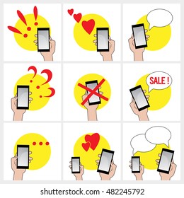 Mobile phone in hand icon. Set. Vector illustration.