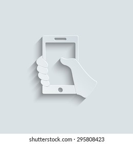 Mobile phone in hand icon with shadow