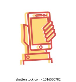 Mobile phone in hand icon - vector linear fill