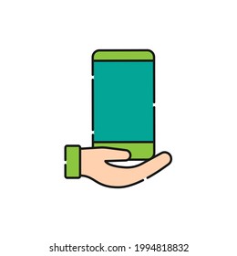 Teléfono móvil con diseño vector de iconos de mano. Icono de Smartphone con concepto de diseño de Hand Gesture para comercio electrónico, tienda online y sitio web de mercado, móvil, logotipo, símbolo, botón, signo, aplicación