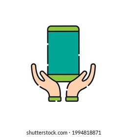 Teléfono móvil con diseño vector de iconos de mano. Icono de Smartphone con concepto de diseño de Hand Gesture para comercio electrónico, tienda online y sitio web de mercado, móvil, logotipo, símbolo, botón, signo, aplicación