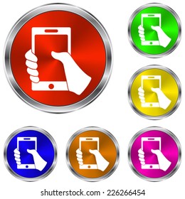 Mobile phone in hand icon - vector glossy colourful buttons