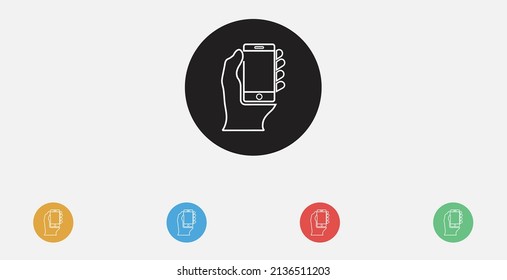 Mobile phone in hand icon.hand holding smartphone icon symbol. Flat design. Set of colorful flat design icons