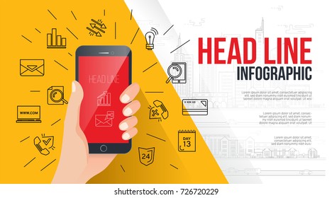 Mobile phone in hand. Infographics elements with icons. Vector illustration.