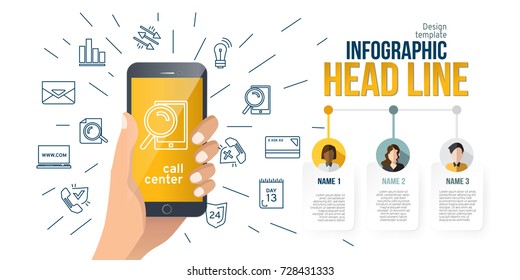Mobile phone in hand. Infographics elements with avatars of managers. Vector illustration, isolated on white background.