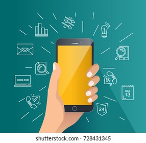 Mobile phone in hand. Infographics elements with icons. Vector illustration, isolated on blue, green background.