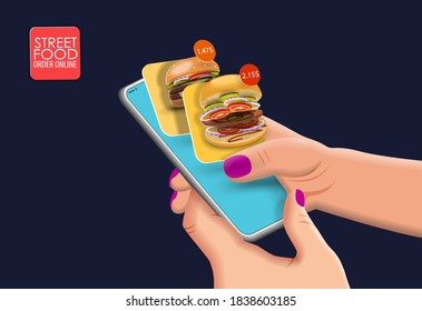 Mobile phone in hand and mobile interface for ordering food online in space. Vector banner