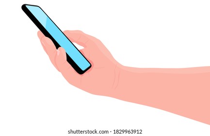 Mobile phone in the hand. Man holds black smartphone. Finger touching screen. Copy space for your text. Vector illustration, white background