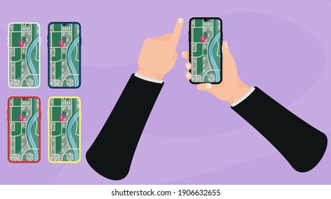 Handy in Hand mit einer Kartenanwendung. GPS-Navigations-App auf dem Handy. Smartphones in verschiedenen Farben.