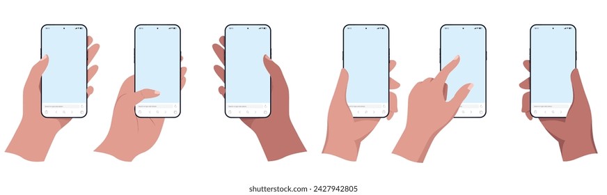 Mobile phone in hand mockup collection - Set of hands holding and using smartphone in simple flat design vector illustrations with white background