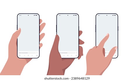 Mobile phone in hand mockup - Vector illustration of smartphones with blank empty browser on screen in front view flat design with white background