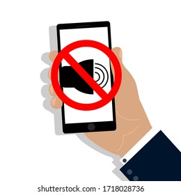 Mobile phone in hand with mute icon. A symbol of peace and quiet, a call to turn off gadgets. Silent phone mode. Vector illustration. Stock Photo.