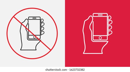 Mobile phone in hand and no cell phone vector icons set.smartphone in hand icon vector.  Do not use mobile phone sign.