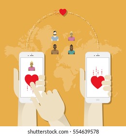 Mobile phone in hand on the background of urban buildings. Flat vector illustration EPS 10.