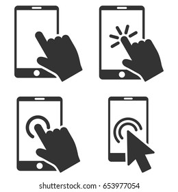 Mobile Phone And Hand Pointer vector icon clip art. Collection style is gray flat symbols on a white background.