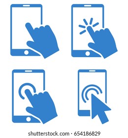 Mobile Phone And Hand Pointer vector icon clip art. Collection style is cobalt flat symbols on a white background.
