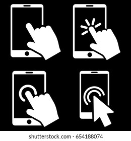 Mobile Phone And Hand Pointer vector icon collection. Collection style is white flat symbols on a black background.