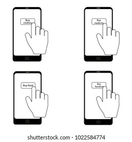 Mobile phone in hand ringing up isolated on white. Telephone or smartphone sale concept. Shopping via internet shop. Online communication device. Web sale, e-commerce, convenience and mobile. Vector