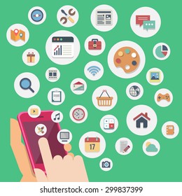 Mobile phone in hand slide exploding with many icons, network concept ,vector