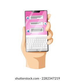 Mobile phone in hand. Smartphone message application with chat bot. Communication digital technology. Vector illustration about electronic device