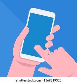 Mobile phone in hand. Smartphone screen. Hand holding smartphone. Finger clicks on the screen